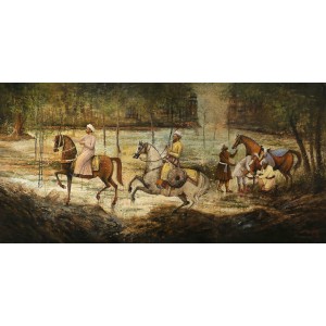 A. Q. Arif, Preparing to make their mark at the hunt, 36 x 72 Inch, Oil On Canvas, Citiscape Painting, AC-AQ-388